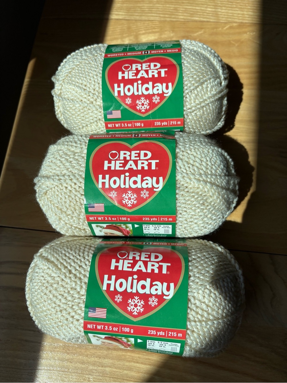 Red Heart Holiday Yarn “Aron Gold Metallic” - 3 Skeins Lot #1360 Christmas NEW
